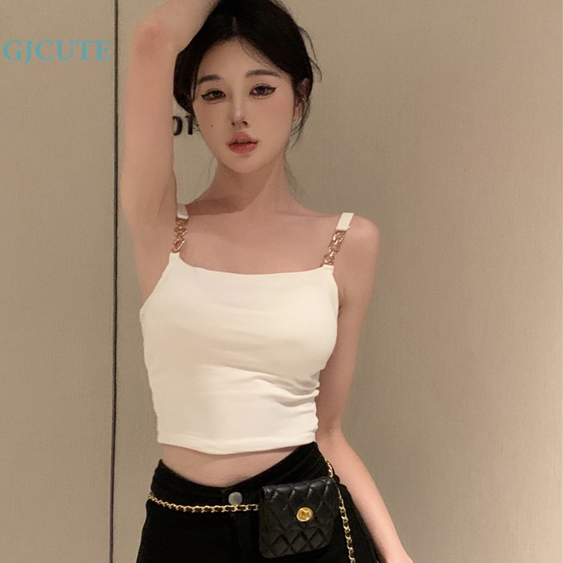 Gjcute Áo Hai Dây Mỏng Mùa Hè Có Đệm Ngực Màu Trơn Phối Dây Xích hottie Cho Nữ wtd