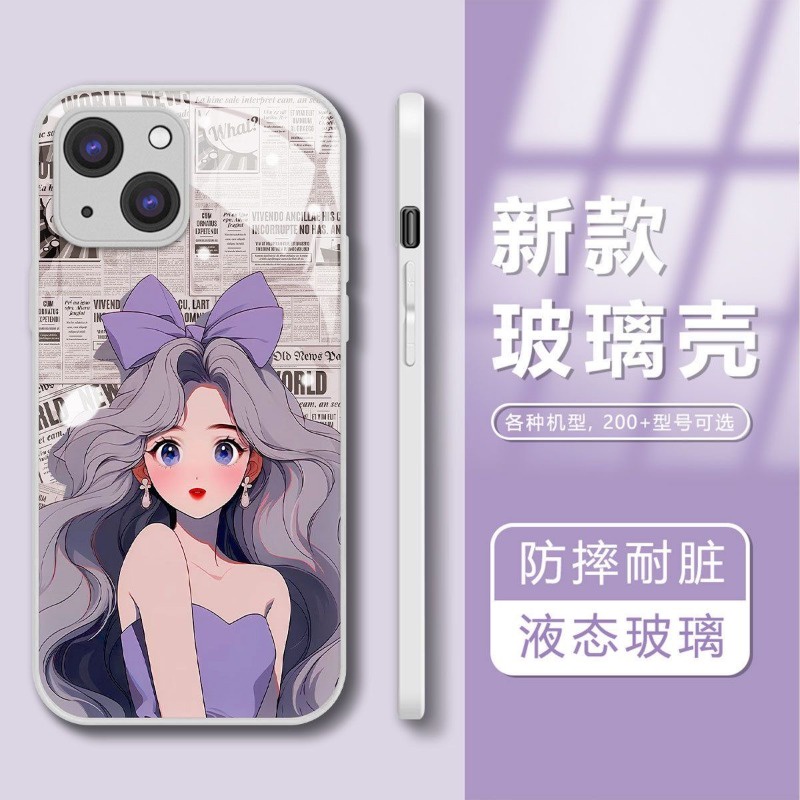Ốp Điện Thoại Mặt Kính Hình Cô Gái Gắn Nơ Màu Tím / Trắng Cho Iphone 15promax 14 13promax 12 11promax