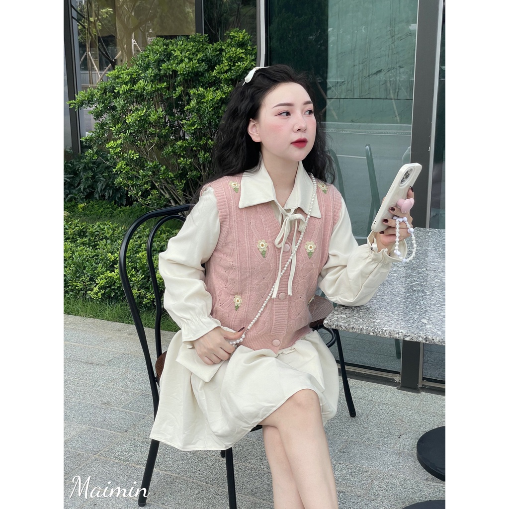 Set 3 chi tiết áo gile hoa váy sơ mi bèo kèm túi hàng QC