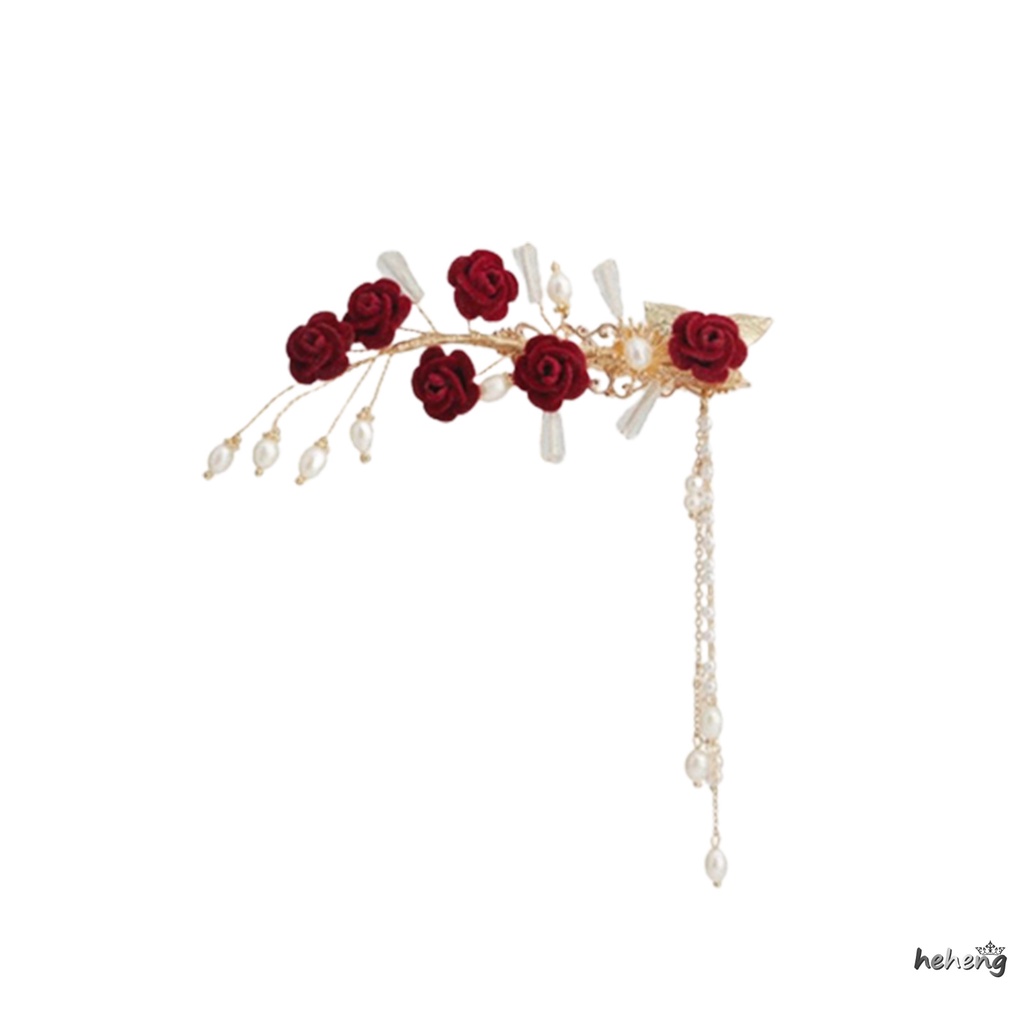 Kẹp Tóc Tua Rua Đính Hoa Hồng handmade Đính Hạt Ngọc Trai Cho Bé Gái