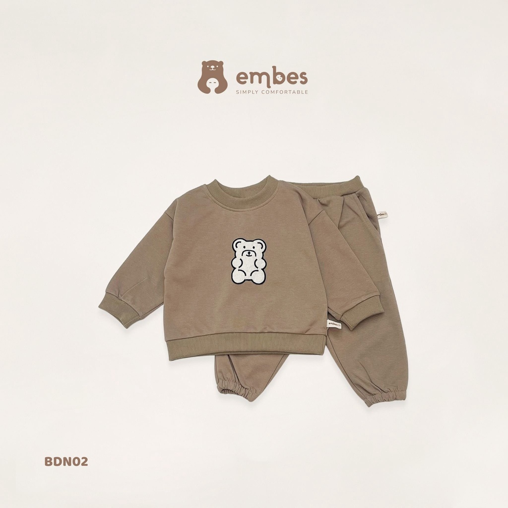 EMBES Bộ quần áo thu đông nỉ da cá cho bé trai bé gái từ 8kg tới 18kg