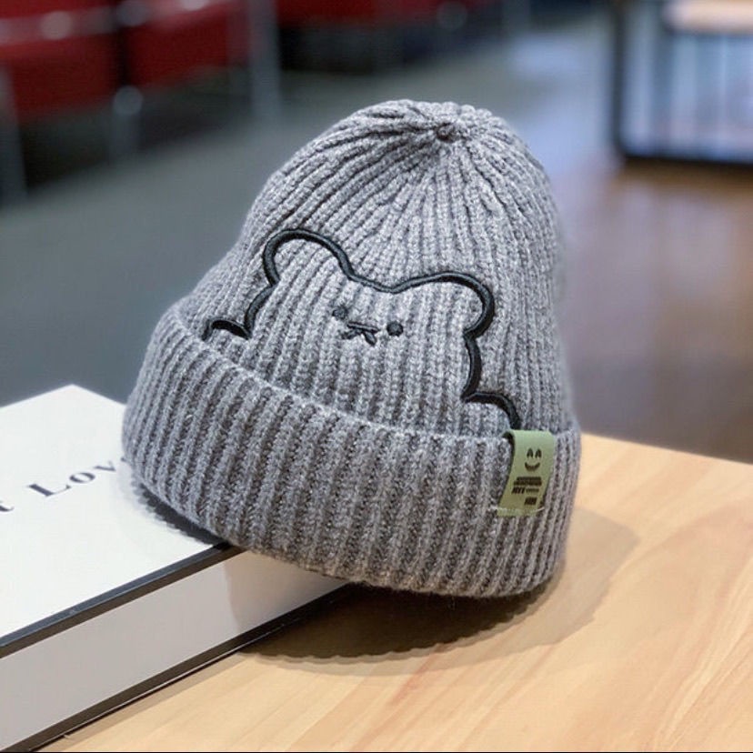 Mũ Len Dệt Kim Màu Trơn In Hình Mặt Cười Phong Cách Hàn Quốc Thời Trang Thu Đông Dành Cho Trẻ Em