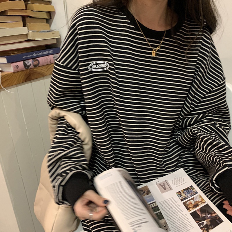 Áo Thun Sweater Cổ Tròn Tay Dài Dáng Rộng Kẻ Sọc Thời Trang Mùa Thu Mới Cho Nữ