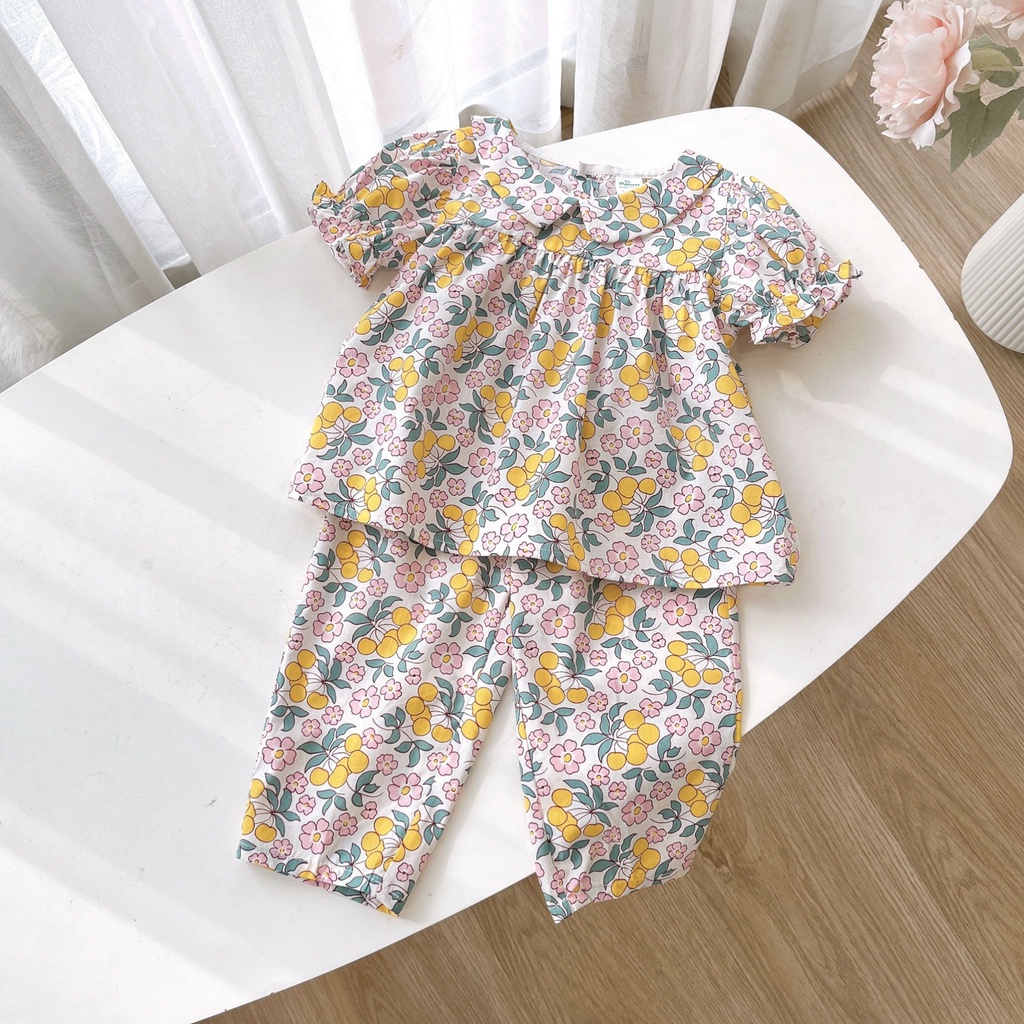 Set bộ bé gái NR04 hoạ tiết hoa lá Hồng,Cam,Vàng  Ngò Rí Store