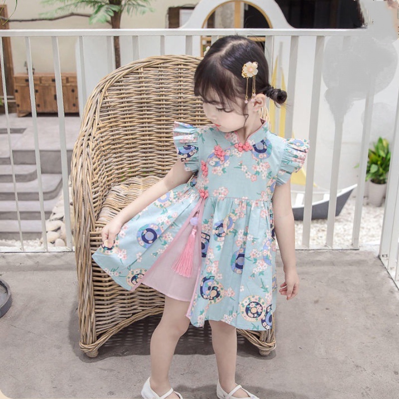 Đầm Sườn Xám In Hoa Tay Cánh Tiên Xinh Xắn Dành Cho Bé Gái