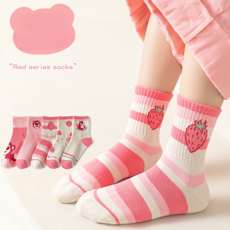 Vớ cotton Cổ Cao Thoáng Khí Thấm Hút Mồ Hôi In Họa Tiết Dâu Tây Hoạt Hình Phong Cách Hàn Quốc Dễ Thương Thời Trang Thu Đông Cho Bé Gái