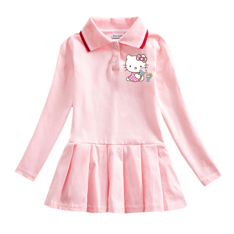 Hello kitty Đầm cotton Cổ polo Tay Dài In Họa Tiết Hoạt Hình Cho Bé Gái