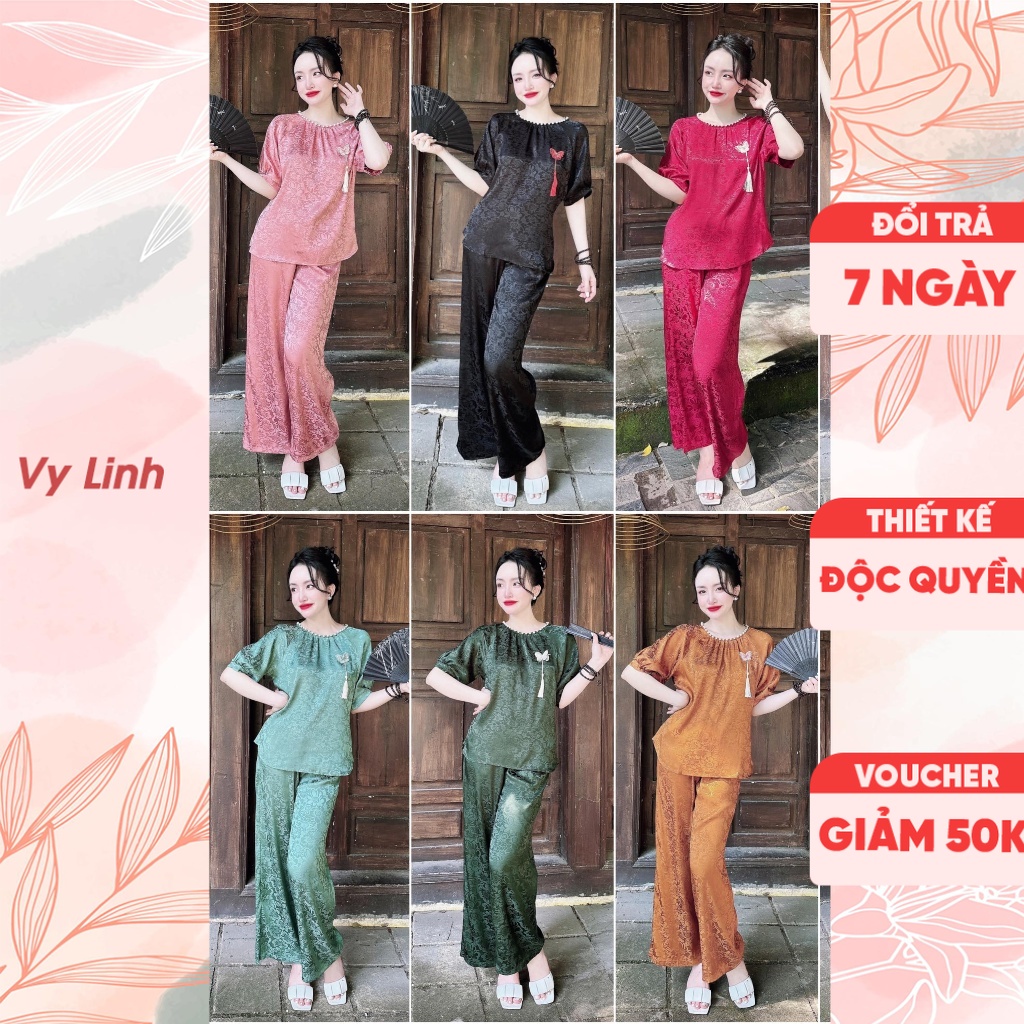 Bộ đồ quần dài tay lửng Vy Linh chất liệu gấm đính ngọc mặc thoáng mát, thấm hút mồ hôi S1001