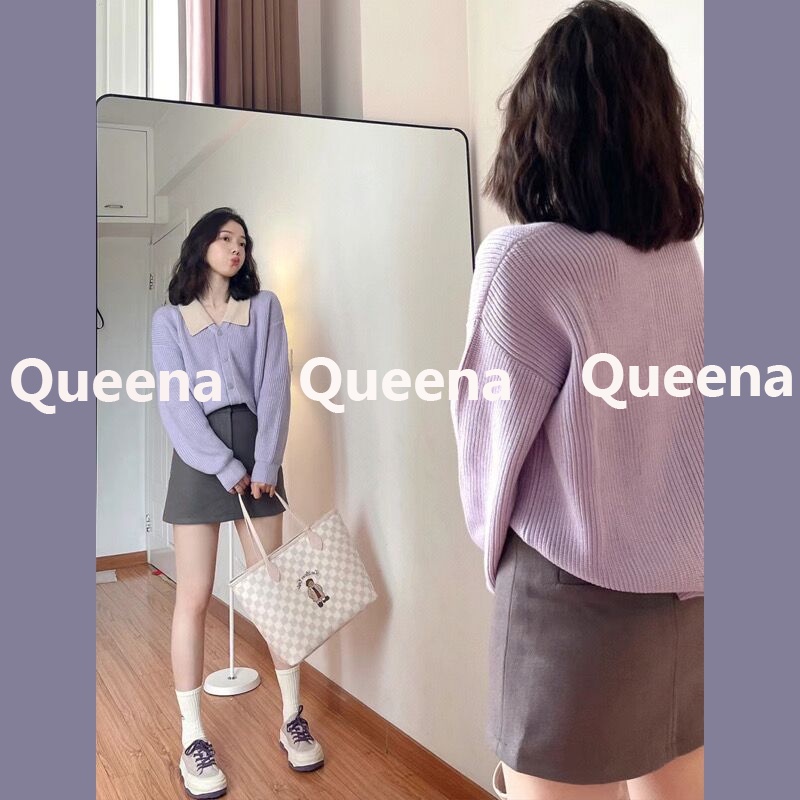 Queena Áo Len áo khoác cardigan Thời trang Korean Thể thao Vintage WMY2300HHR 42Z231018