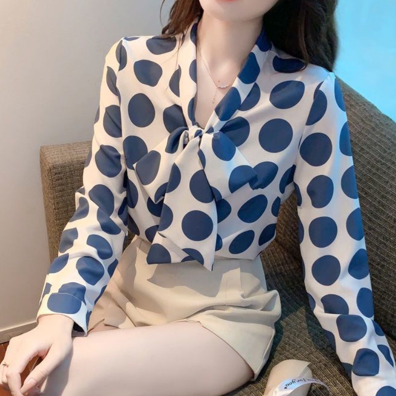 Áo Sơ Mi chiffon Họa Tiết Chấm Bi Thắt Nơ Phong Cách Hàn Quốc Cổ Điển Cho Nữ