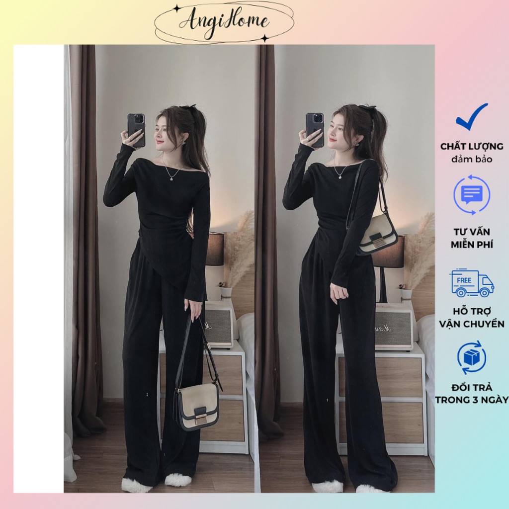 SET ÁO CỔ CAO TAY DÀI RỚT VAI + QUẦN LOE SUÔNG ANGIHOME