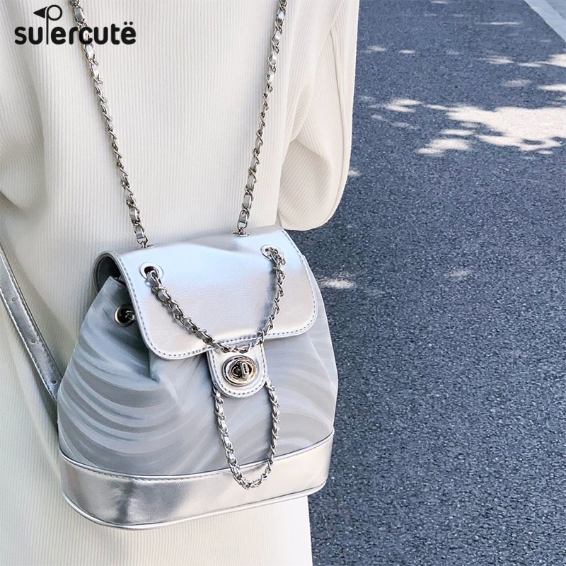 Ba lô đeo vai SUPERCUTE phối dây rút thiết kế đơn giản đa năng phong cách Hàn Quốc