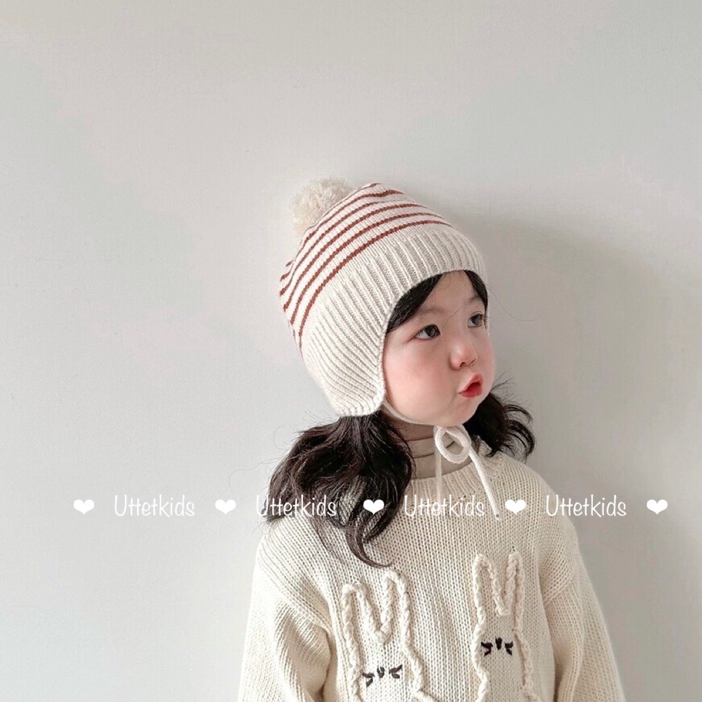 MŨ LEN SỌC CÓ DÂY PHONG CÁCH HÀN QUỐC CHO BÉ GÁI VÀ BÉ TRAI RẤT ĐẸP