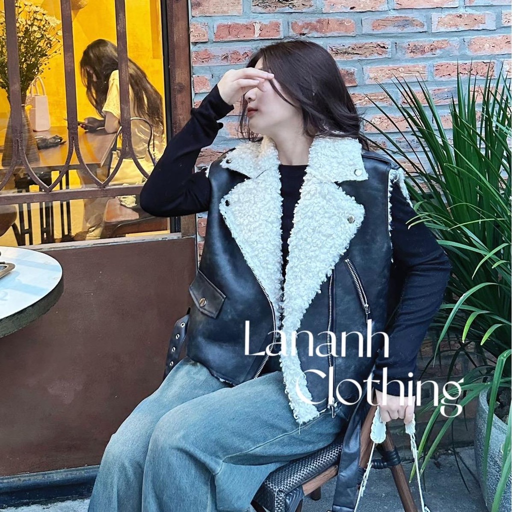 Áo gile DA phối lông cừu QC - túi khoá 1 bên D08 Ảnh thật shop chụp