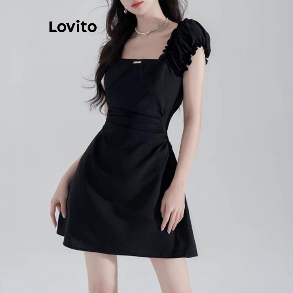 Đầm chữ a ngắn Lovito váy xinh nhẹ nhàng xếp nếp viền nhún bèo màu trơn thường ngày cho nữ LNA20065