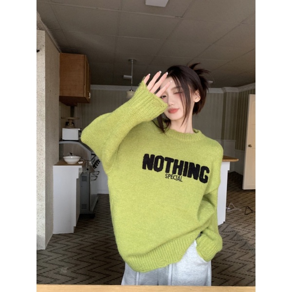 NZN Áo sweater Dệt Kim Tay Dài Dáng Rộng Hoạ Tiết Chữ Thêu Thời Trang Mùa Thu