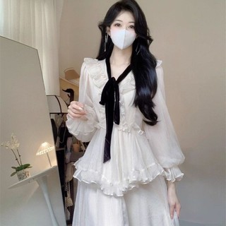Đầm Tay Dài Thiết Kế Viền Bèo Thanh Lịch Thời Trang Mùa Thu Mới Cho Nữ