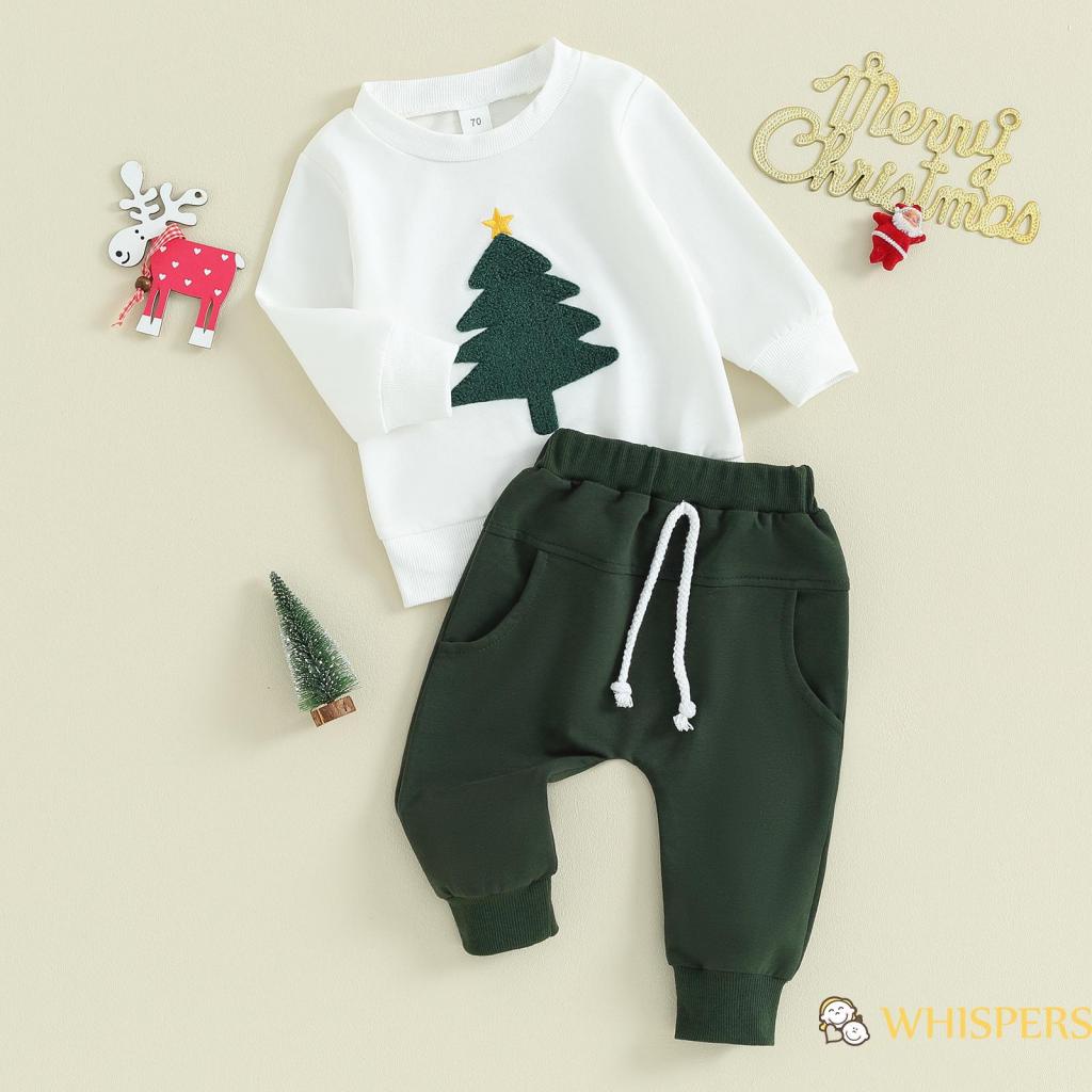 Bộ Áo Sweater Tay Dài Thêu Hình Cây Thông Giáng Sinh + Quần Dài Màu Trơn Thời Trang Cho Bé Trai Từ 0-3 Tuổi