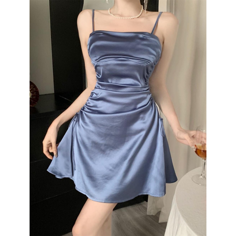 Đầm Ngắn Hai Dây Eo Cao Có Dây Rút Phong Cách Mới Mùa Hè Cho Nữ