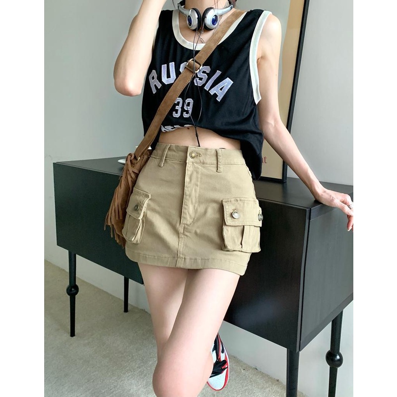 Chân Váy Kaki Chữ a Lưng Cao Có Túi Phong Cách retro Mỹ Cho Nữ