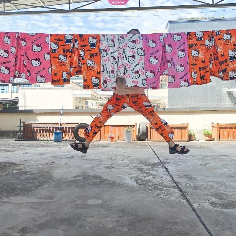 Sanrio Quần Ngủ Chất Nhung Mềm Mại Co Giãn Thoải Mái In Họa Tiết Hoạt Hình hello kitty Dễ Thương Cho Nữ