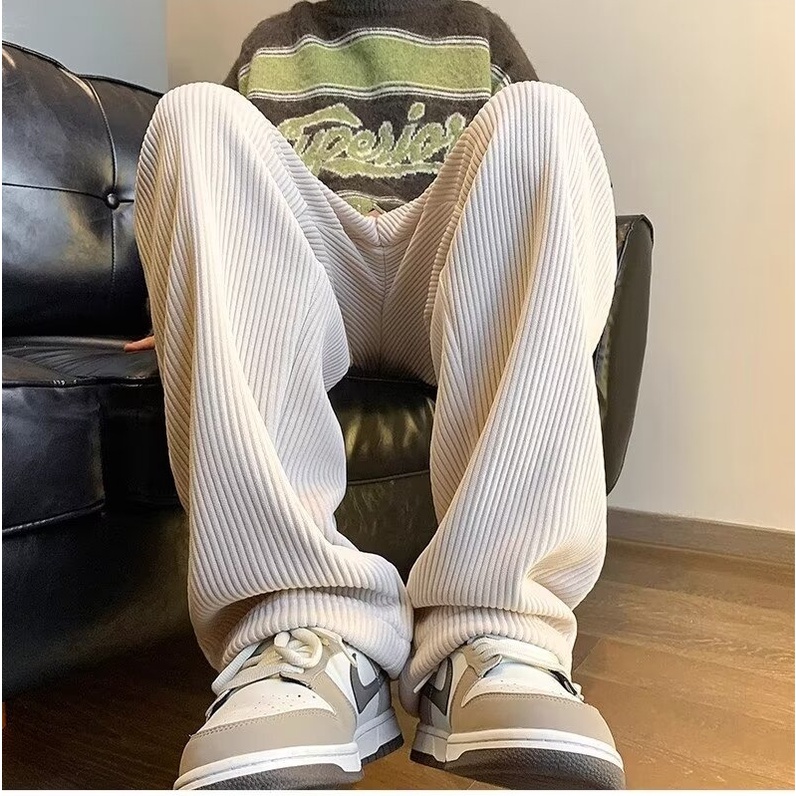 Quần Thể Thao Ống Rộng Vải Nhung Kẻ Thời Trang Thu Đông Cho Nam