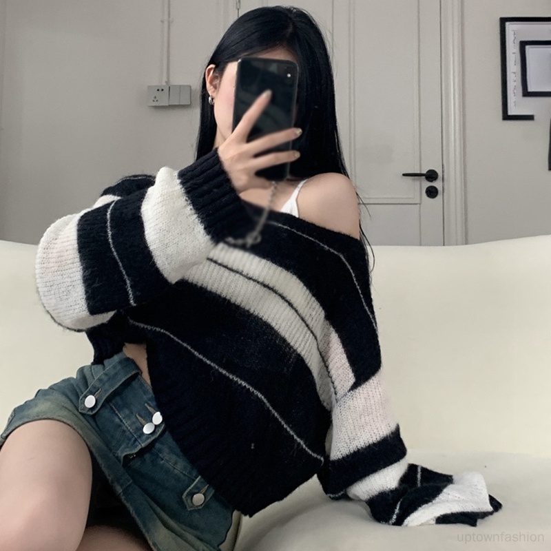Áo Sweater Dệt Kim Trễ Vai Dáng Rộng Hoạ Tiết Kẻ Sọc Thời Trang Mùa Thu Cho Phái Nữ