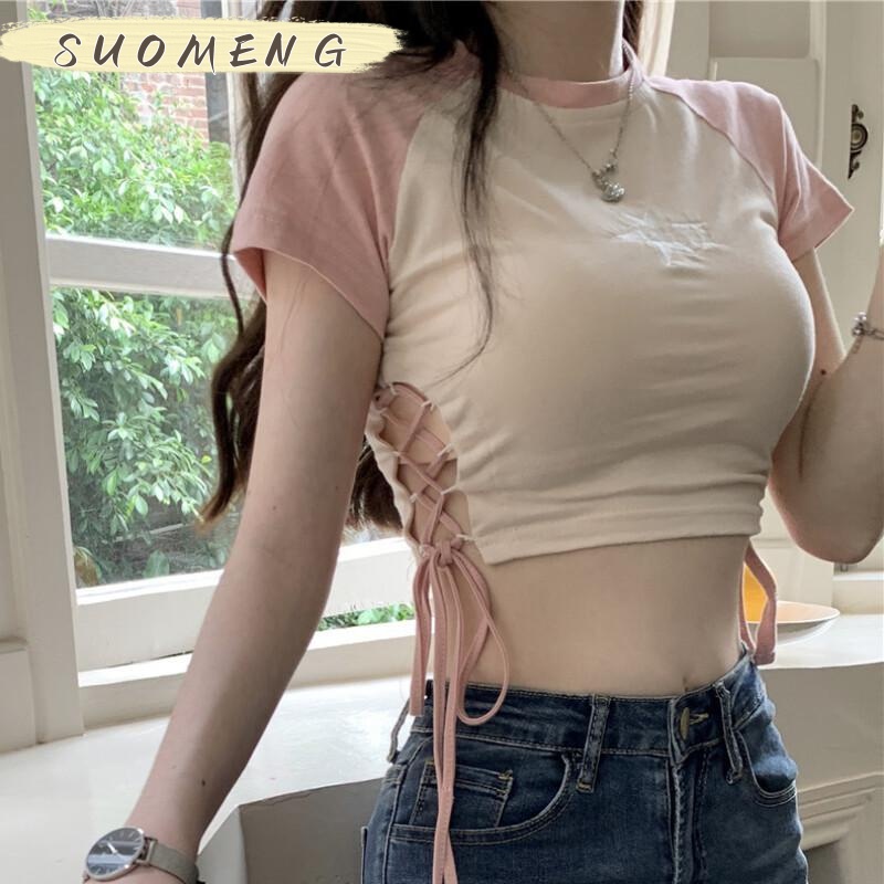 SUOMENG Áo croptop áo thun baby tee nữ âu mỹ chất cạp cao Cổ tay ngắn in họa tiết Vintage 2023NEW Phong cách Thanh lịch Trendy Stylish A29J219 36Z230909