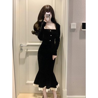 Đầm Nhung Đuôi Cá Cổ Vuông Dáng Ôm Phong Cách Pháp Thời Trang Thu Đông Cho Nữ