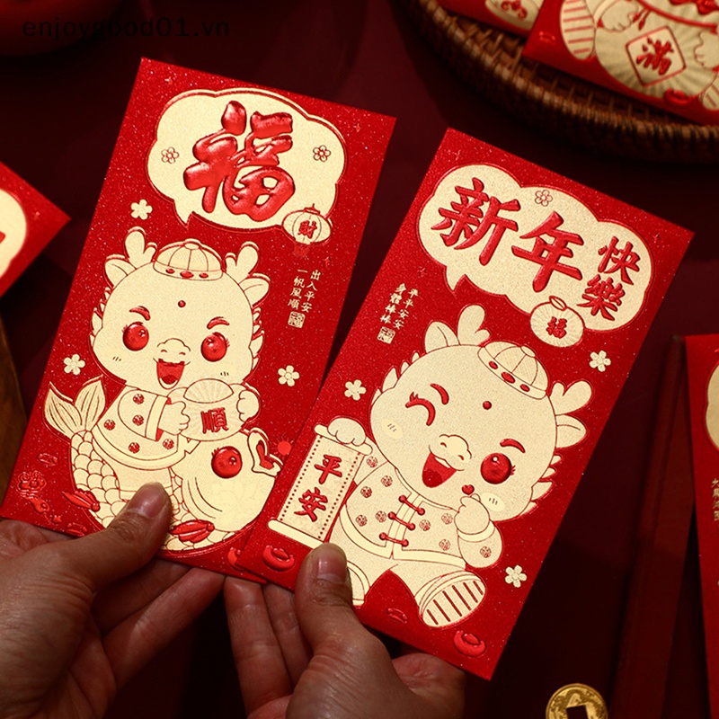 Set 6 Bao Lì Xì Màu Đỏ Họa Tiết Rồng Năm Mới 2024 Phong Cách Trung Hoa