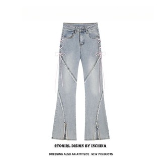 Quần jeans Ống Loe Xẻ Tà Cột Dây Ôm Dáng size xs Cho Nữ