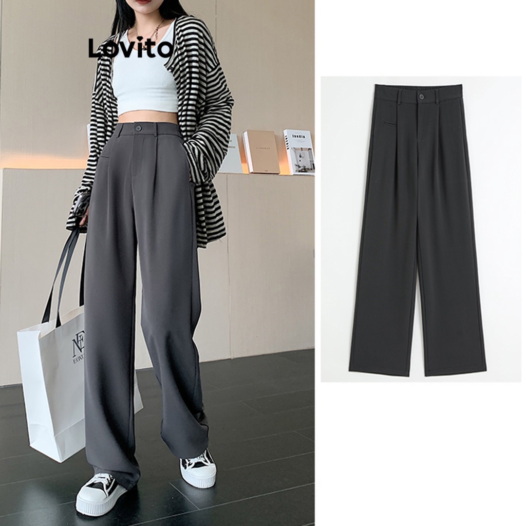 Lovito Quần dài giả có túi trơn đơn giản dành cho nữ LNA26004 (Cà phê/Xám/Đen)