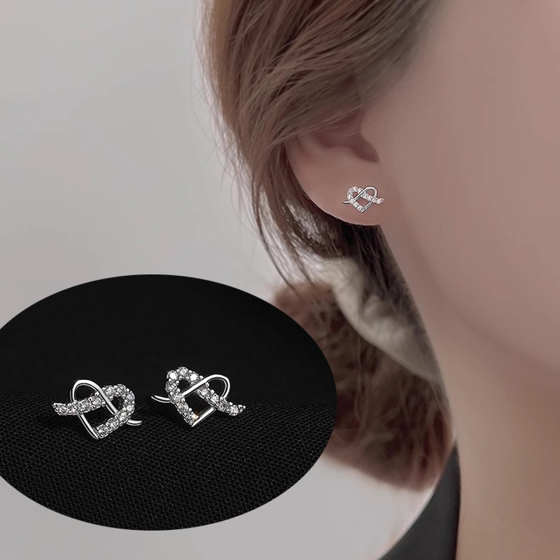 Khuyên Tai Bạc Đính Đá zircon Trái Tim Lấp Lánh Thời Trang Hàn Quốc Cho Nữ