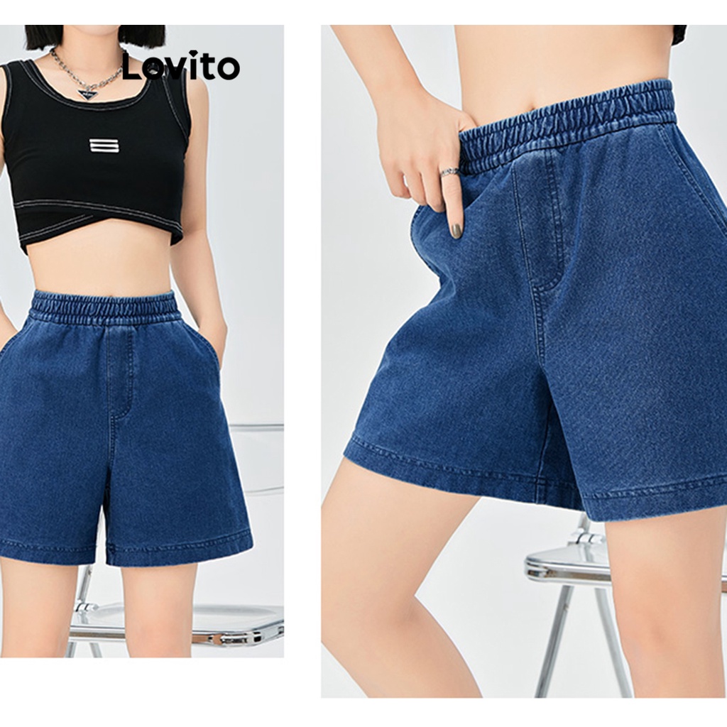 Quần short jean Lovito cột dây màu trơn thường ngày cho nữ LNE17228
