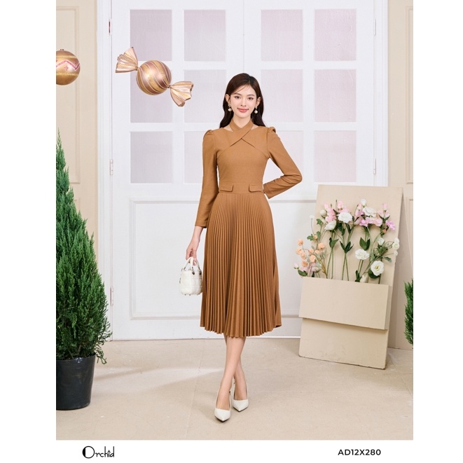 Đầm len dáng xòe chất len gạo thiết kế cổ đan chéo Orchid - AD12X280