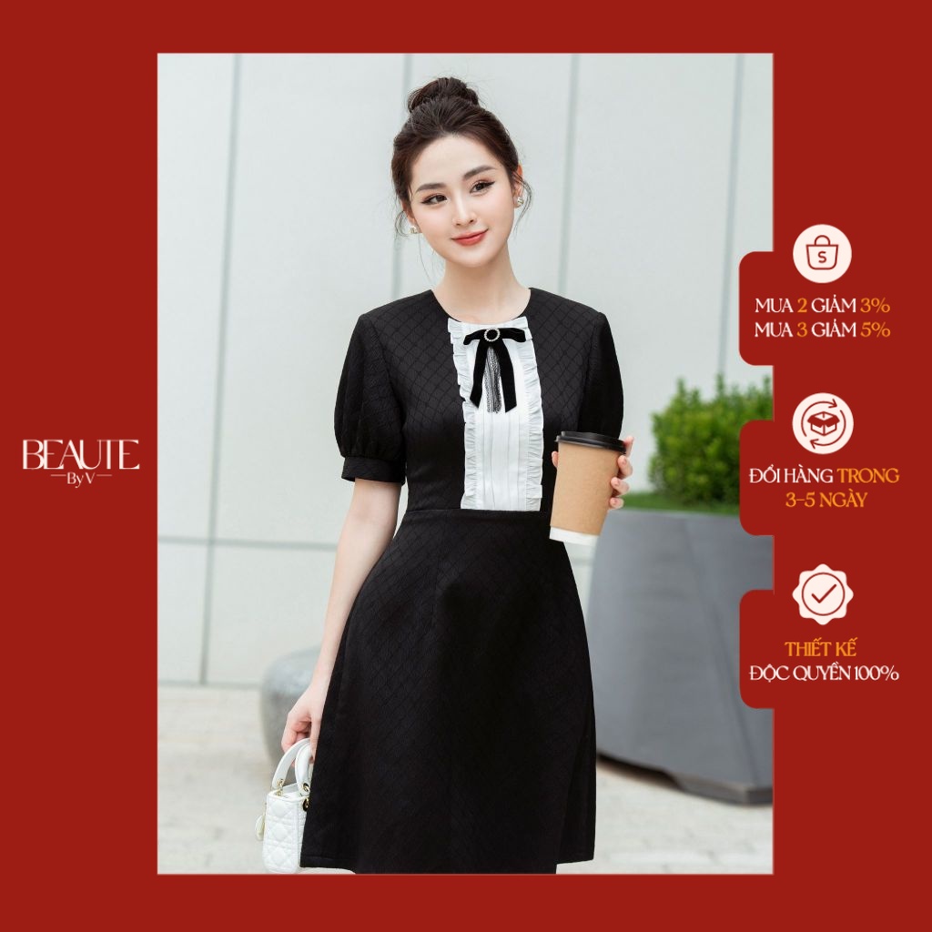 BEAUTEBYV - Váy nữ chiết eo phối xếp bèo Aurelia (Nơ tặng kèm)