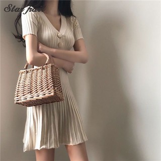 Đầm Dệt Kim Ngắn Tay Cổ Tim Xinh Xắn Theo Phong Cách Mùa Hè Hàn Quốc