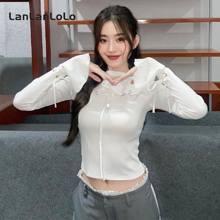 LanLanLo Nữ Màu Trơn Cổ Tròn loe Dài Tay Cổ Ngọt Ngào Viền Áo Thun Mỏng