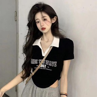 Cổ Chữ V áo thun ôm body cạp cao co Tay Ngắn Dáng Thời Trang Phong Cách retro