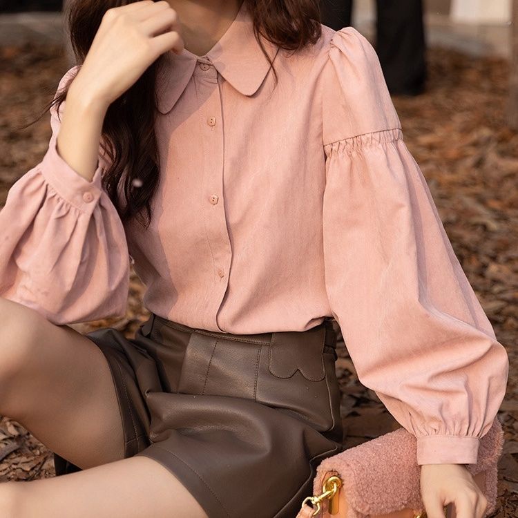 Mystery Show Puff Áo Sơ Mi Nữ Xuân Thu Phong Cách Hàn Quốc Mỏng Hơn Nhìn Ren Bên Trong Áo Sơ Mi Màu Hồng Đèn Lồng Tay Áo