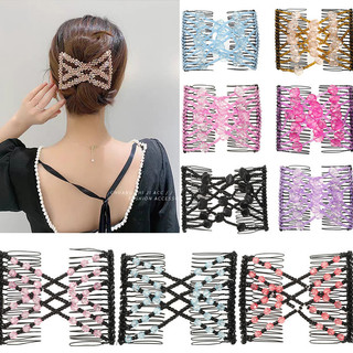 Lược kẹp tóc đuôi ngựa co giãn hai hàng xỏ hạt nhiều màu sắc dành cho bạn nữ