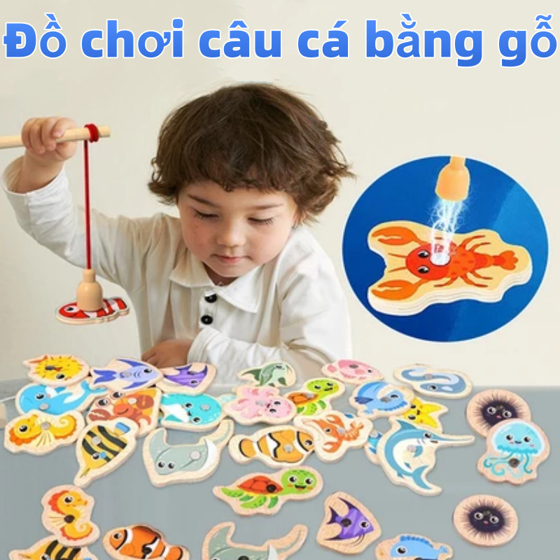 Bộ đồ chơi câu cá gỗ nam châm, Đồ chơi câu cá bằng gỗ, phát triển kỹ năng tư duy và vận động
