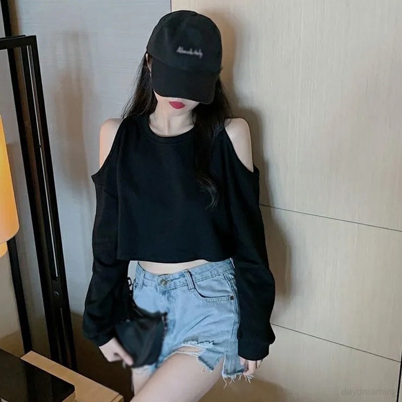 Áo Croptop Nữ Thun Tay Dài Cổ Tròn Hở Vai Thời Trang Thu Đông Mới Dành Cho Nữ