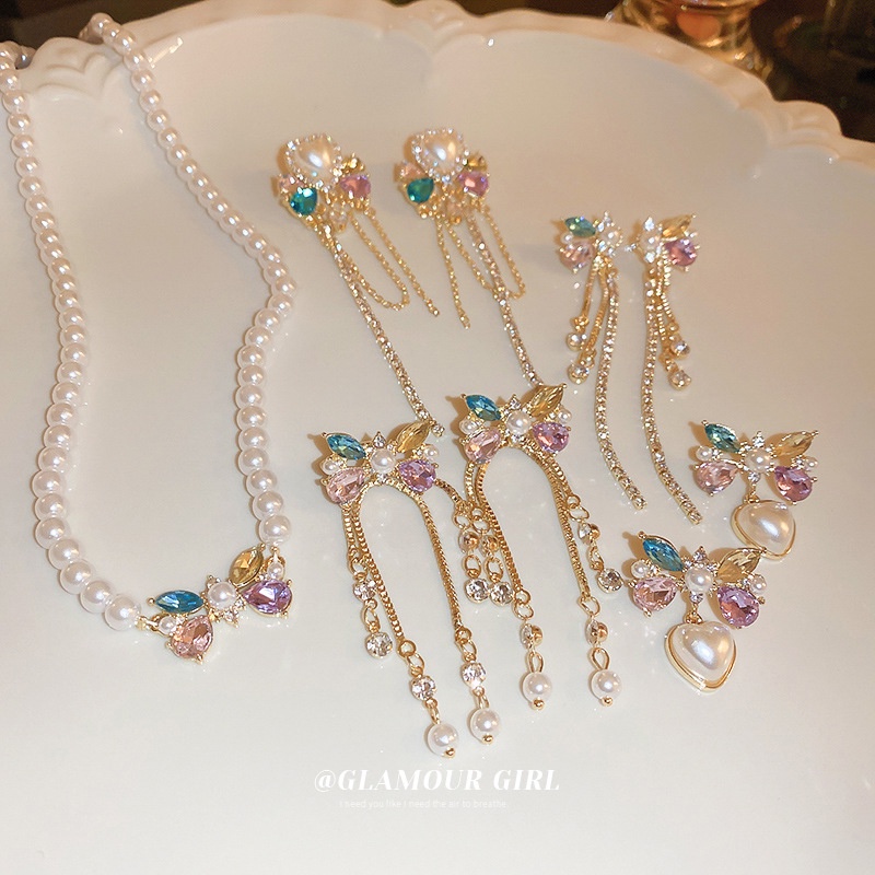Bộ Dây Chuyền + Bông Tai Mạ Bạc Hình Cánh Bướm + Đôi Khuyên Tai Tua Rua Đính Ngọc Trai Nhiều Màu Sắc