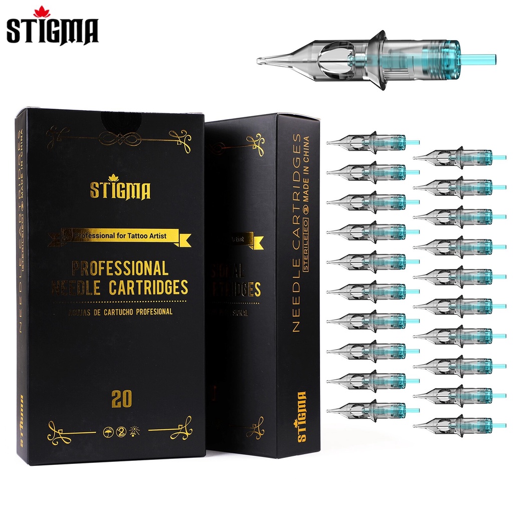 STIGMA 20pcs/Box #10(0.30MM) #12(0.35MM) kim xăm chuyên nghiệp hộp mực dùng một lần vô trùng tiêu chuẩn vỏ xanh trang điểm vĩnh viễn RL/RS/RM/M1