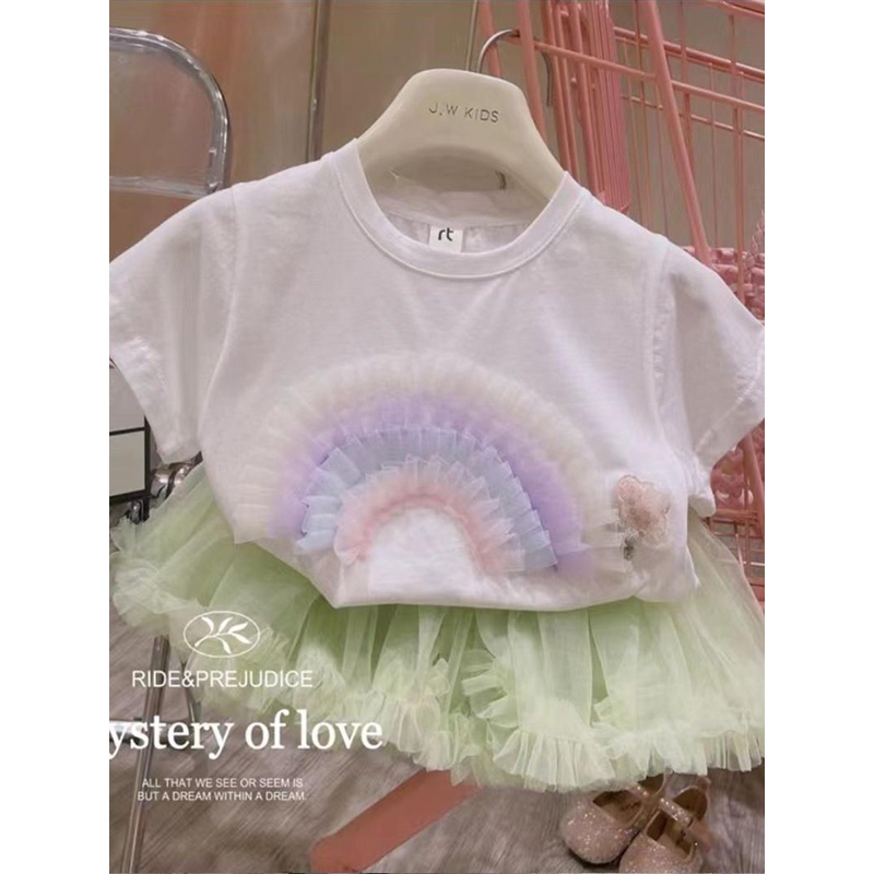 Áo Thun Lưới Tay Ngắn Màu Trơn Họa Tiết Cầu Vồng Ba Chiều Thời Trang Mùa Hè Dành Cho Bé Gái