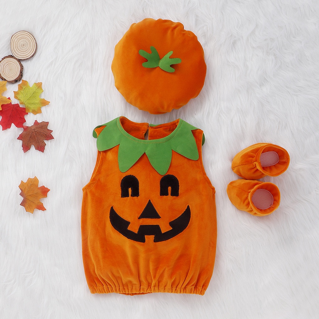 Bộ Áo Liền Quần Cổ Tròn Không Tay Hình Bí Ngô halloween Dễ Thương Cho Bé