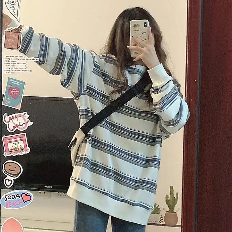 Cozok Áo Sweatshirt Kẻ Sọc Tay Dài oversize Phong Cách retro Thời Trang