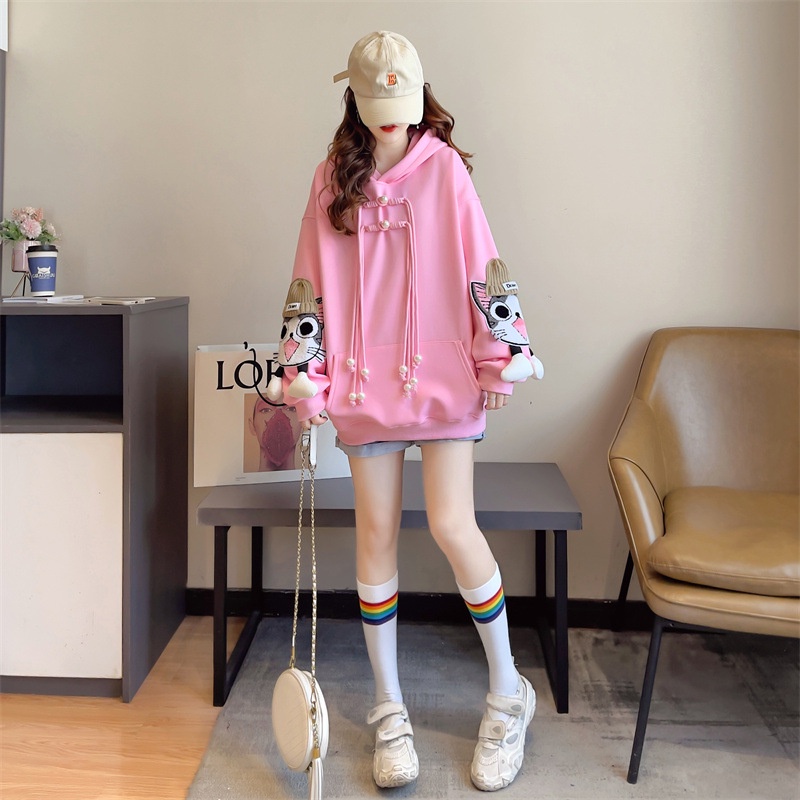 Dễ Thương Áo Nỉ Dày Dặn Thêu Hình Mèo Phong Cách Đường Phố Phương Tây Thời Trang Cho Nữ