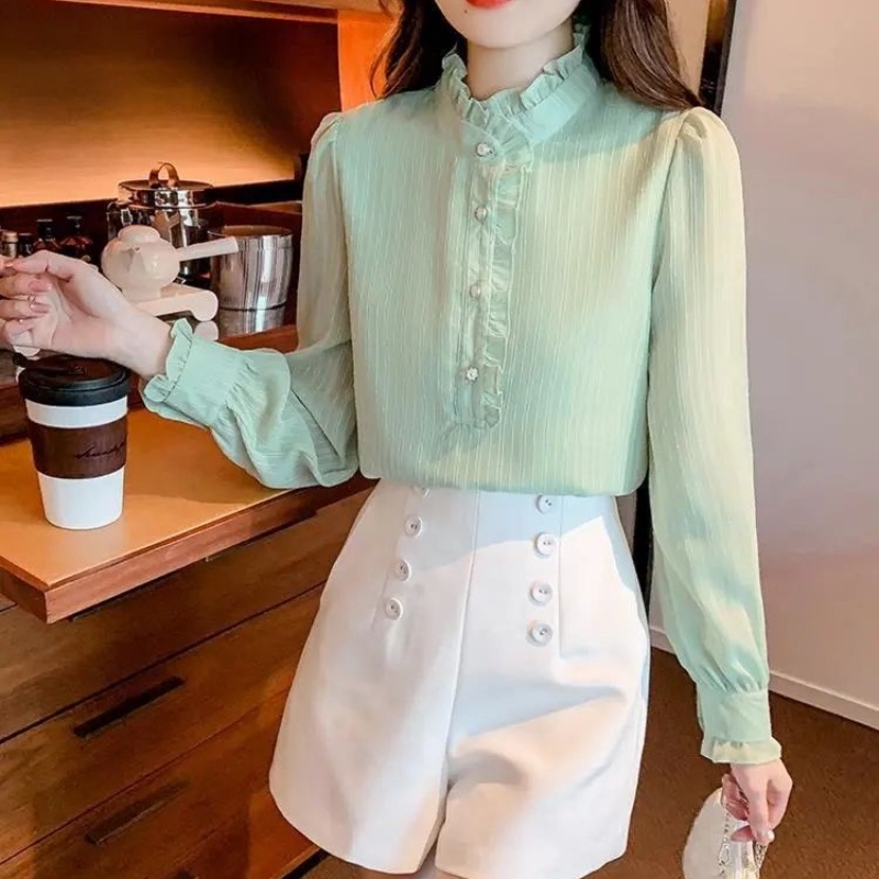 Áo Sơ Mi chiffon Phối Ren Dáng Ôm Phong Cách Hàn Quốc Thời Trang Cho Nữ